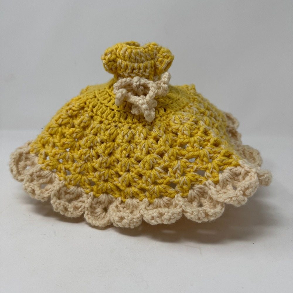 Handmade Crochet Dish Soap Toilet Paper Cover Yellow Scalloped Ruffle Dress
